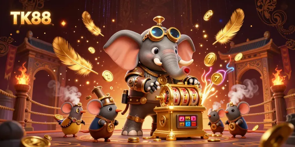 TK88 casino scene with steampunk characters operating a slot machine amidst dynamic gaming elements.