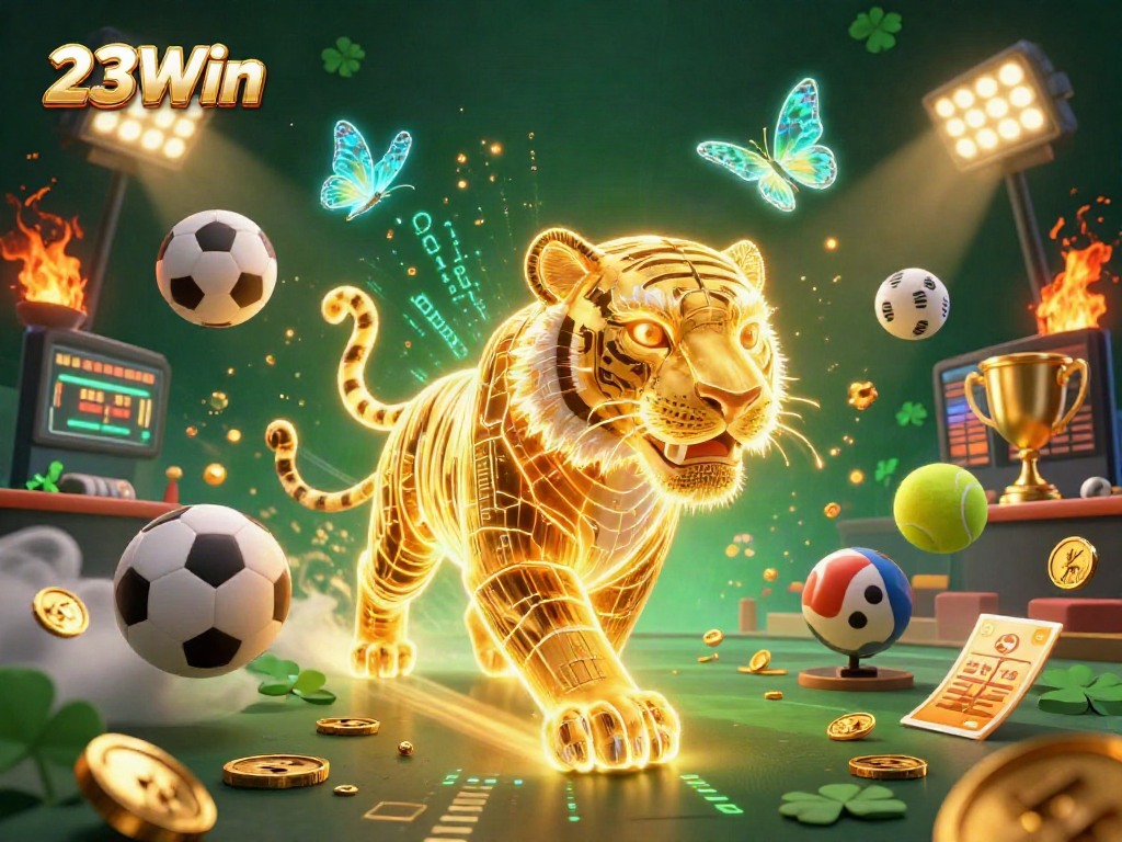 Experience the thrill of 23Win with an energized digital casino scene featuring a radiant tiger and dazzling sports elements.