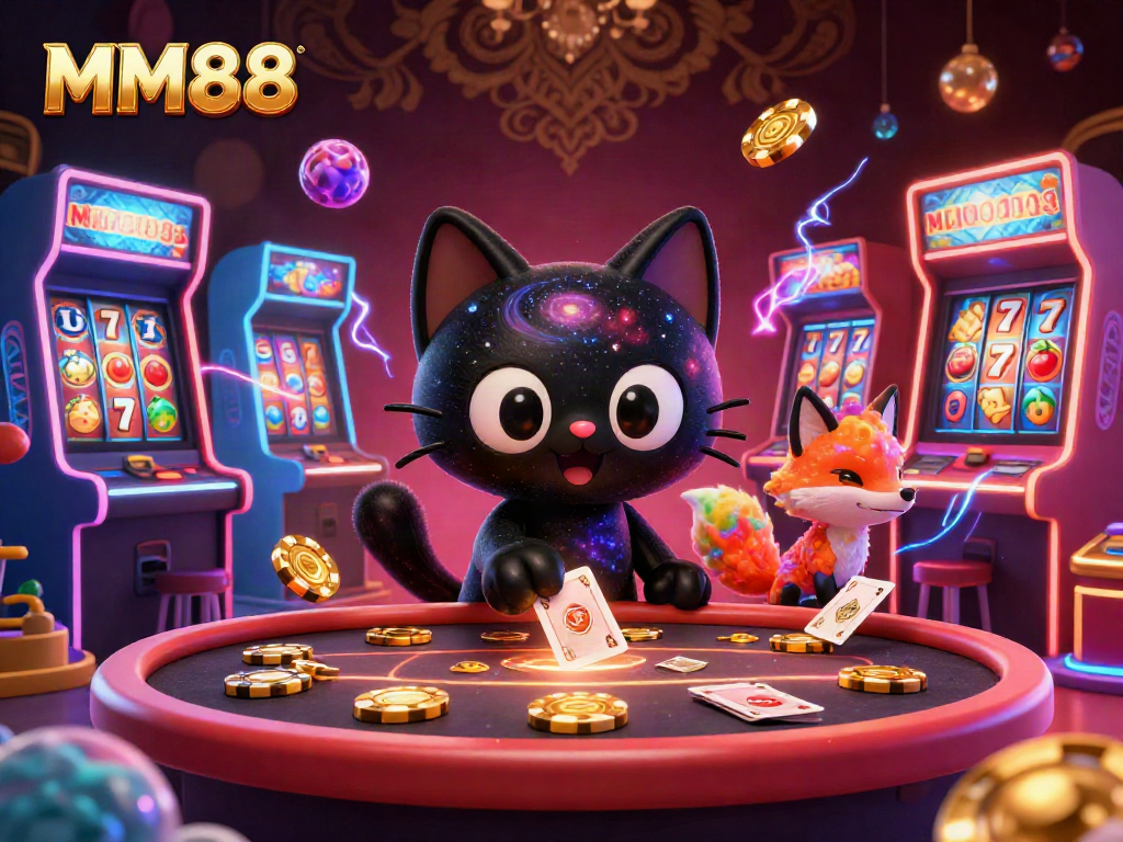 MM88 casino illustration with a black hole cat and nebula fox pulling in golden chips.