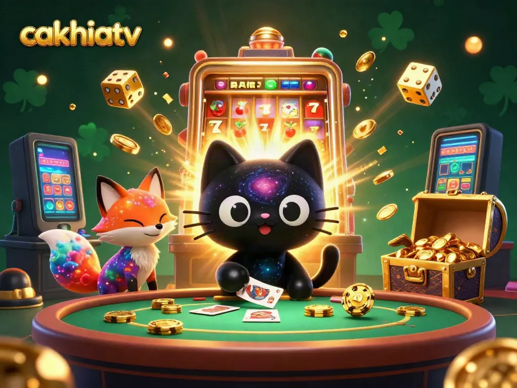 CakhiaTV black hole cat attracts golden chips and cards at a cosmic casino table.
