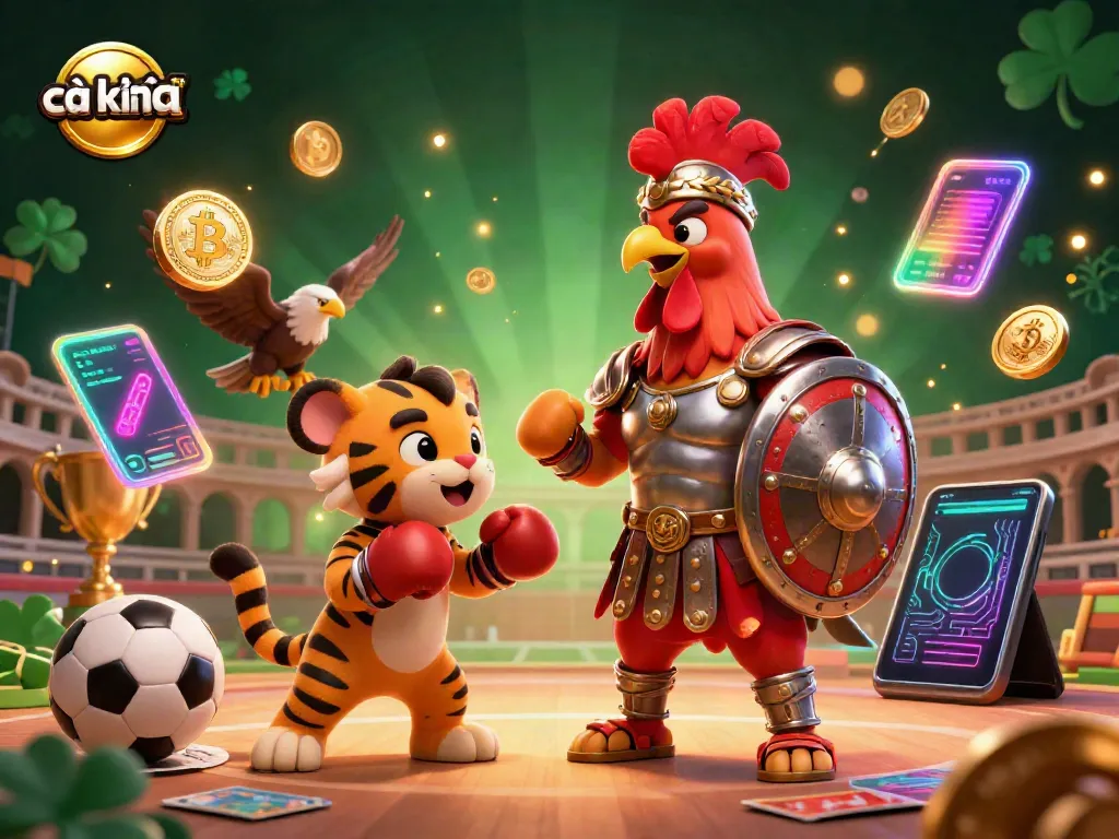 Cà khịa tv showcases a vibrant 3D scene of a gladiator rooster, sports betting elements, and neon coins, creating dynamic action.