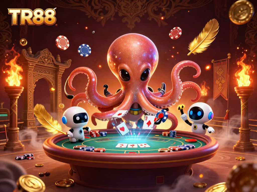 TR88 alien octopus deals poker at a vibrant casino table with energetic action.