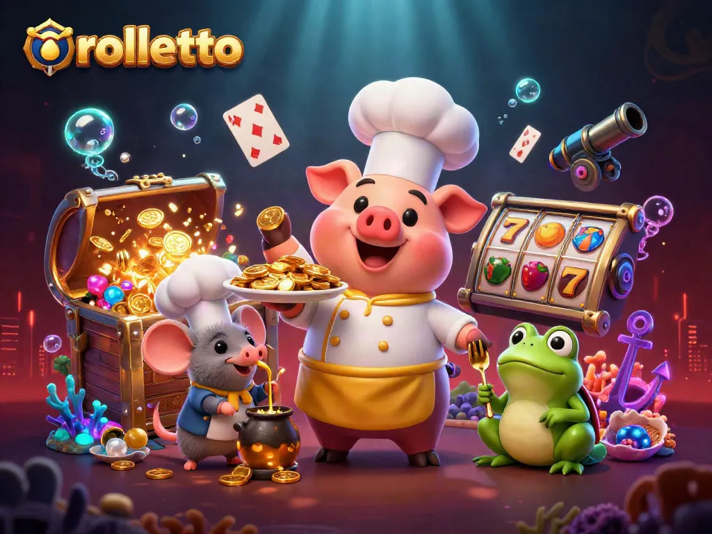 Engage with rolletto's vibrant world of slots and casino gaming, featuring a dynamic scene with cartoon characters.