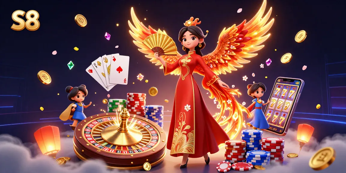 S8 online casino showcases an exciting 3D illustration of a Vietnamese woman and phoenix amidst vibrant casino elements.