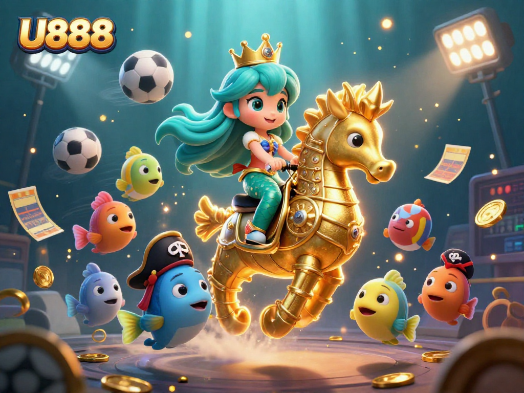 Experience the excitement of U888 with a vibrant underwater 3D casino scene featuring a mermaid, seahorse, and dynamic gaming elements.