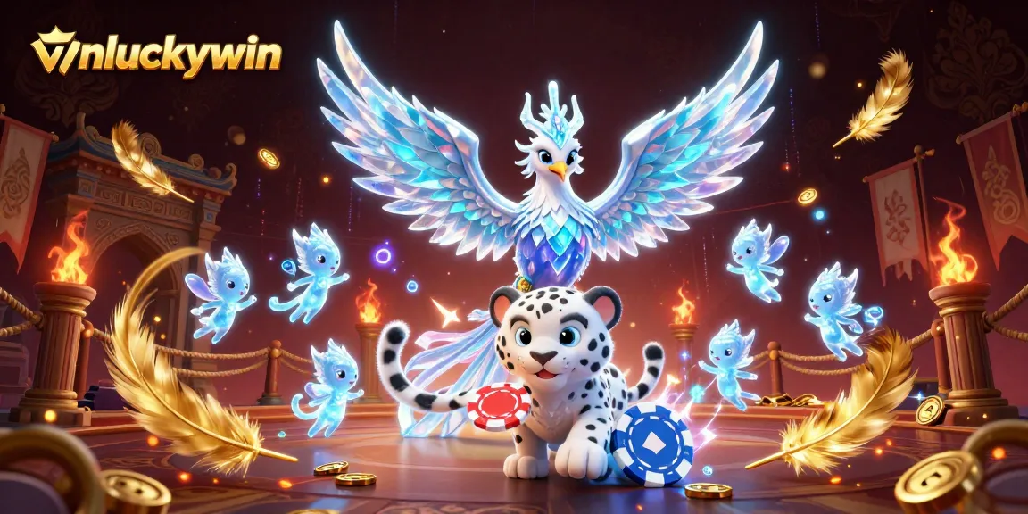 vnluckywin showcases a vibrant 3D casino scene with an ice phoenix and gaming elements.
