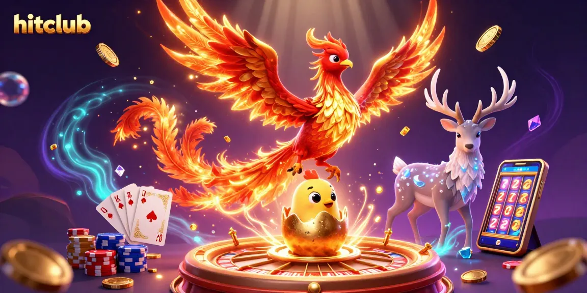 Experience hitclub's vibrant gameplay with a 3D illustration featuring a phoenix and casino elements