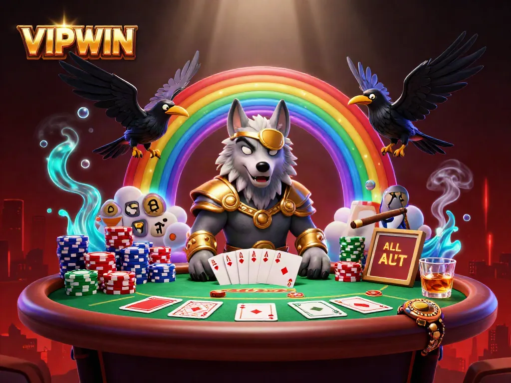 Experience VIPWIN with a vibrant 3D casino scene, featuring a golden-eyed wolf and ravens.