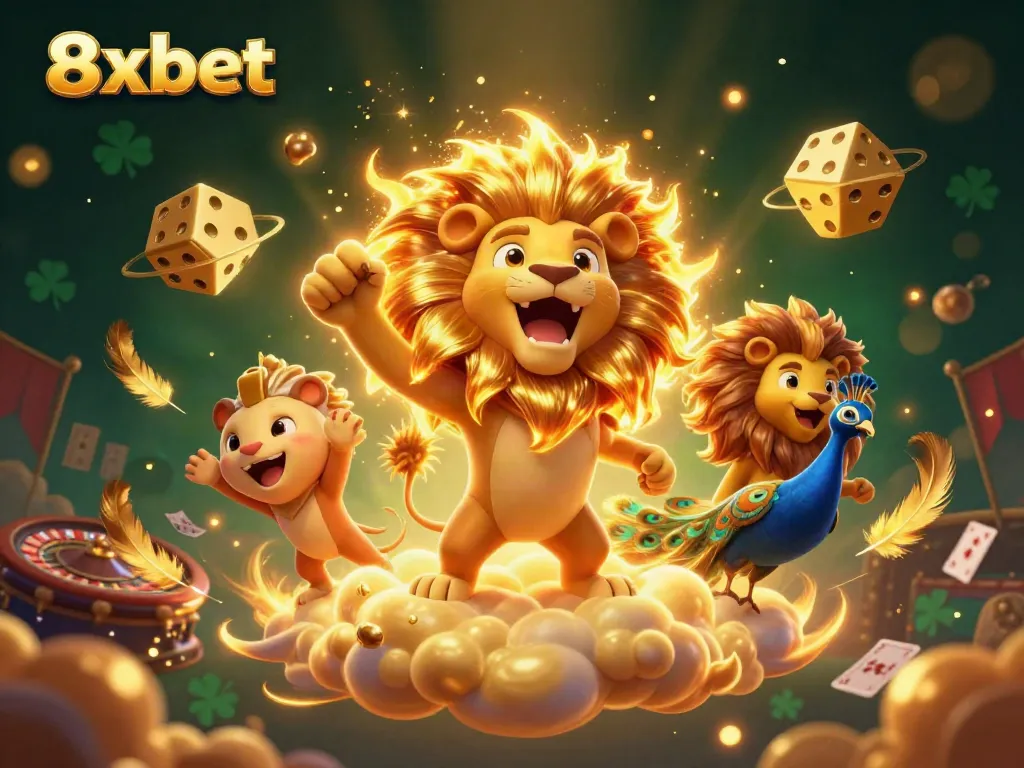 Experience thrilling betting action with 8xbet in this dynamic 3D illustration of a roaring lion amidst casino elements.