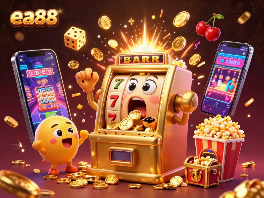 ea88 jackpot slot machine celebrating wins with coins bursting, baby slots cheering, and popcorn flying.