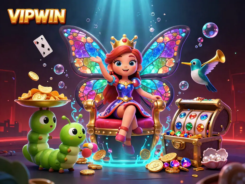 Join the excitement at VIPWIN with a vibrant casino scene featuring colorful game elements and characters.