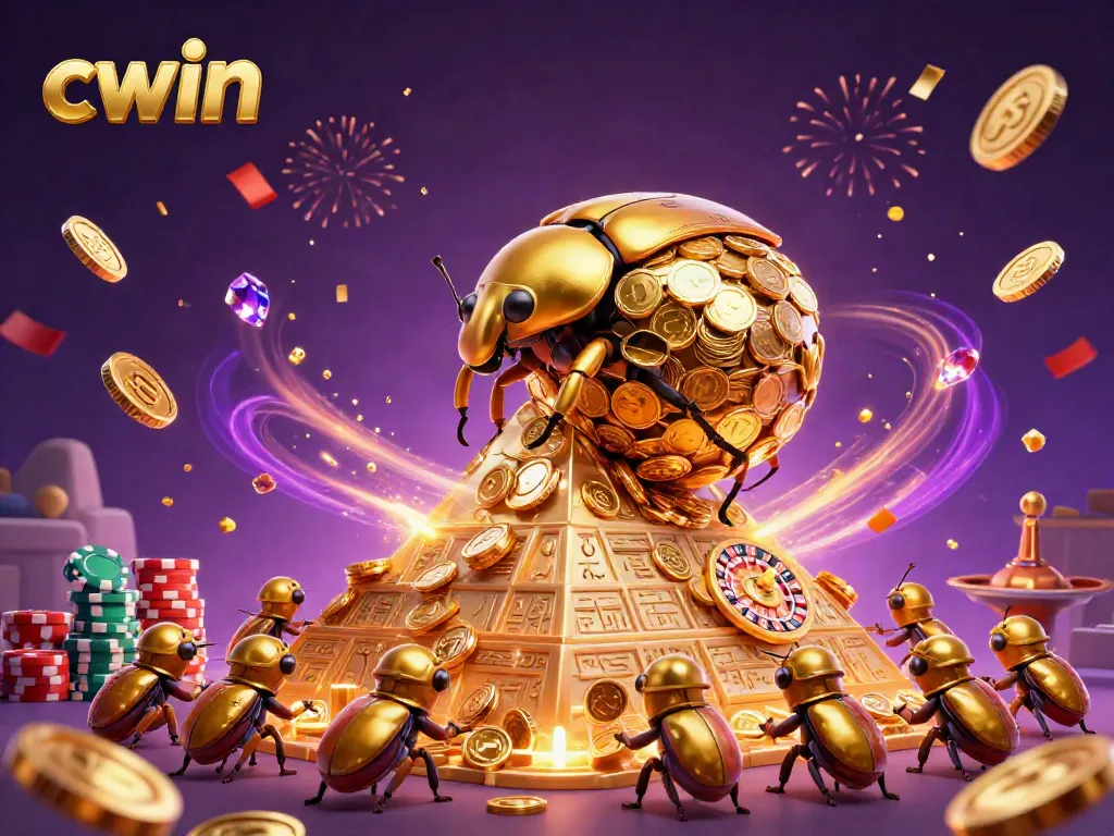 Experience the excitement of CWIN with a golden beetle rolling coins, surrounded by sparkling casino elements.