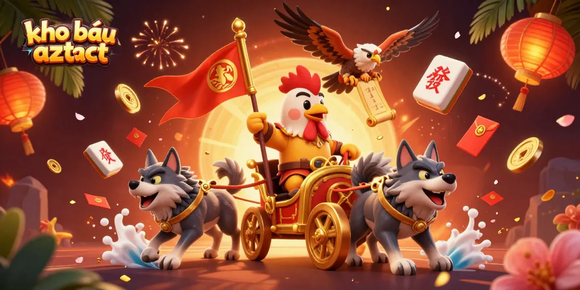 Engage in thrilling gameplay with kho báu aztec as the rooster warlord leads his chariot through a vibrant casino world.