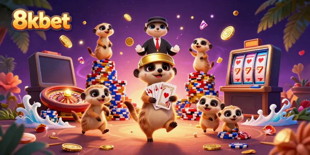 Experience excitement at 8xbet with meerkats orchestrating a lively casino environment full of sparkling treasures.