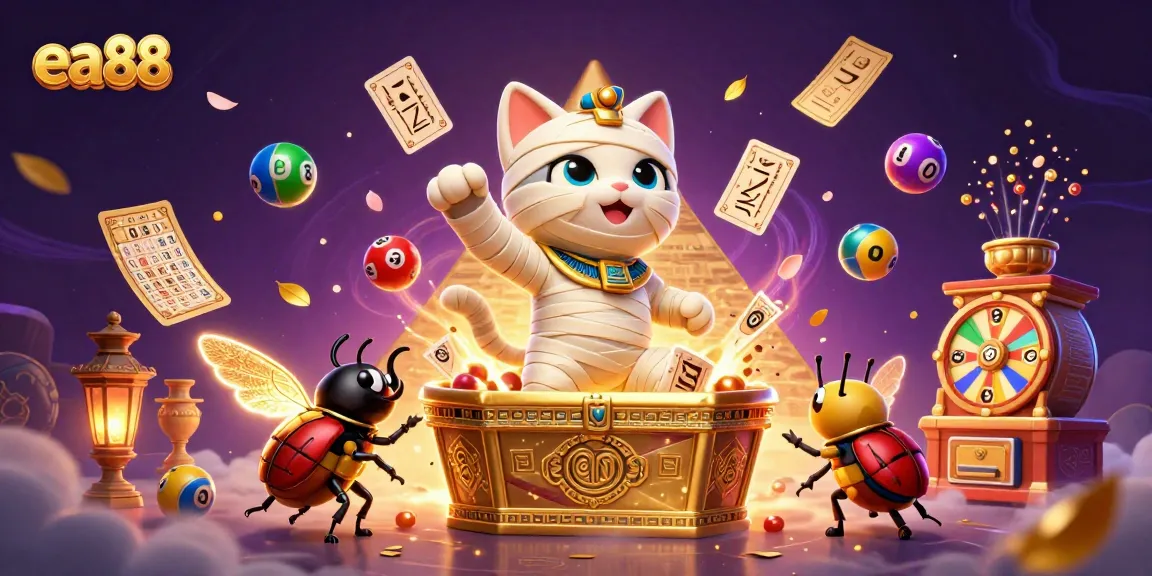 ea88 celebrates thrilling lottery action with a captivating mummy cat and glowing scarab in a vibrant scene.