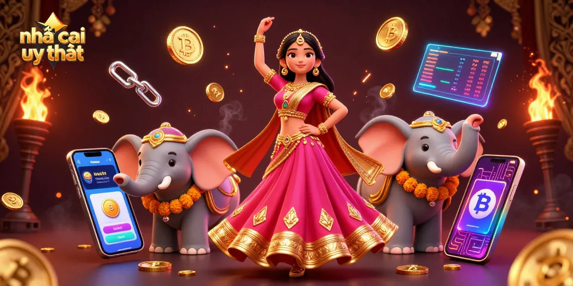 Experience the vibrant world of nhà cái uy tín with exciting neon crypto elements and a Bollywood vibe.