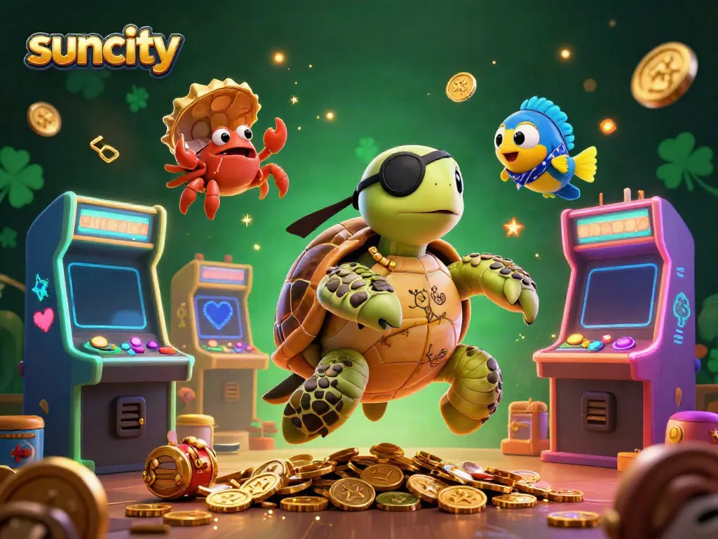 Spin and win at the suncity casino with enchanting characters amidst vibrant games and treasures.