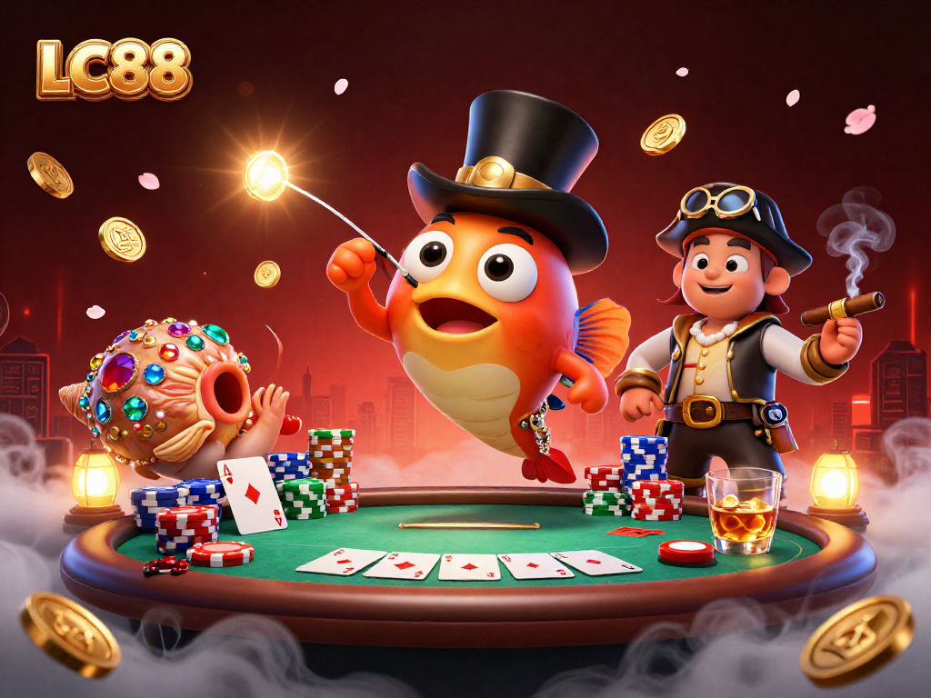 LC88 draws players with a dynamic scene of deep-sea characters in a vibrant casino-themed illustration.