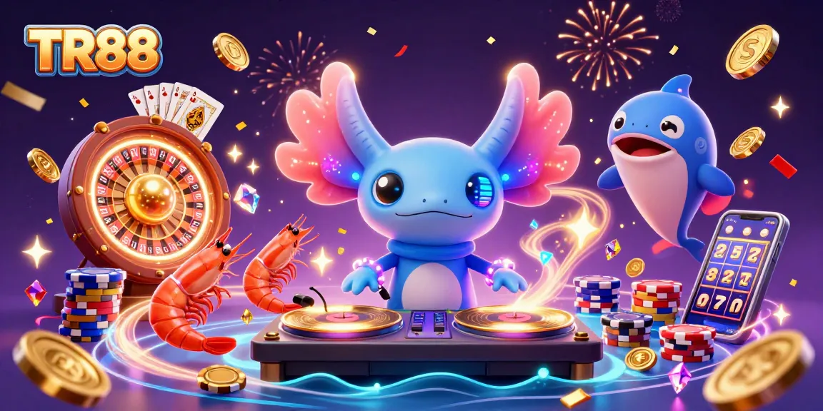 Engage with TR88 in a vibrant casino scene filled with gold coins, poker chips, and lively ocean-themed characters.