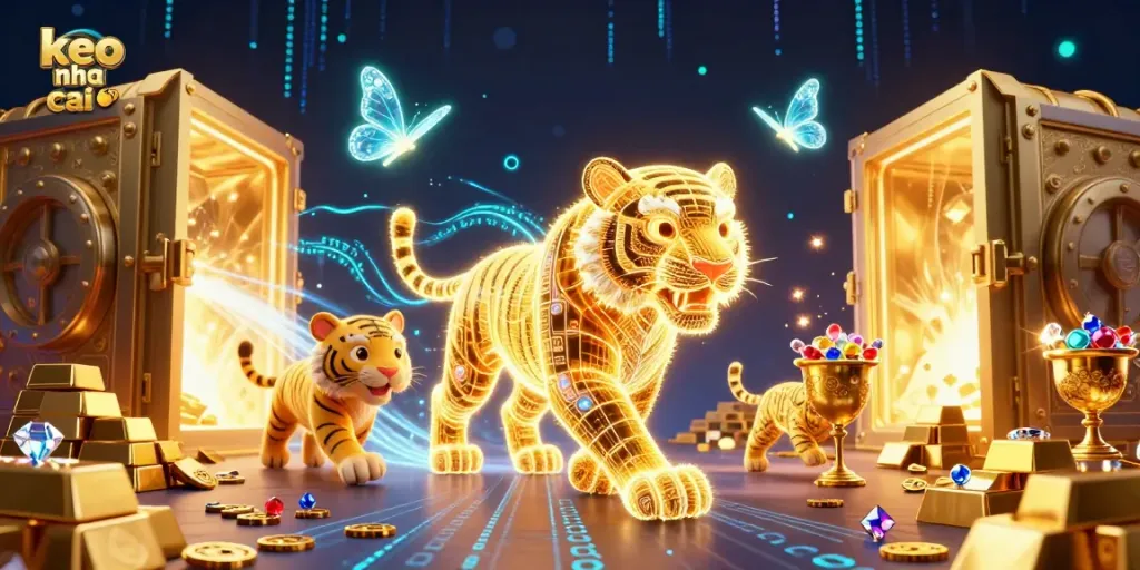 Betting on keo nha cai through a vibrant digital casino scene with glowing treasures.