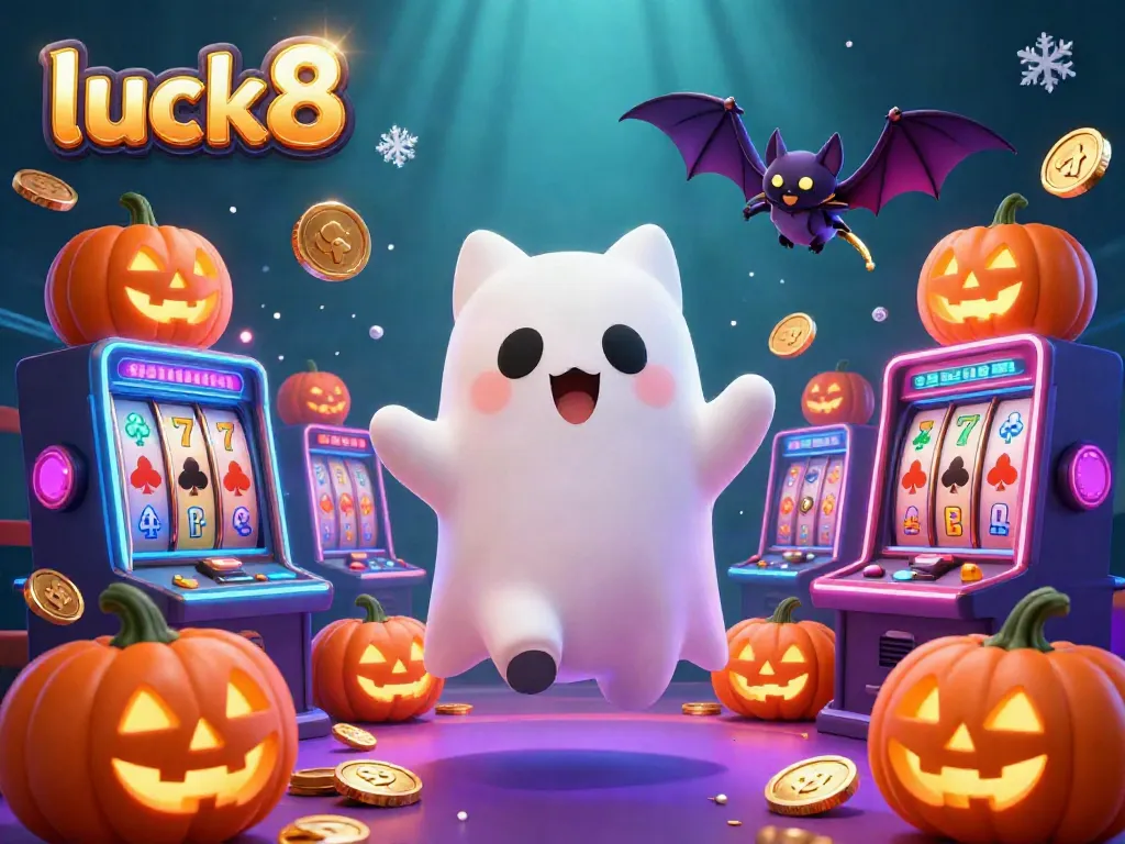 Experience the thrill of luck8 with a ghost cat and vampire bat amidst vibrant casino elements.