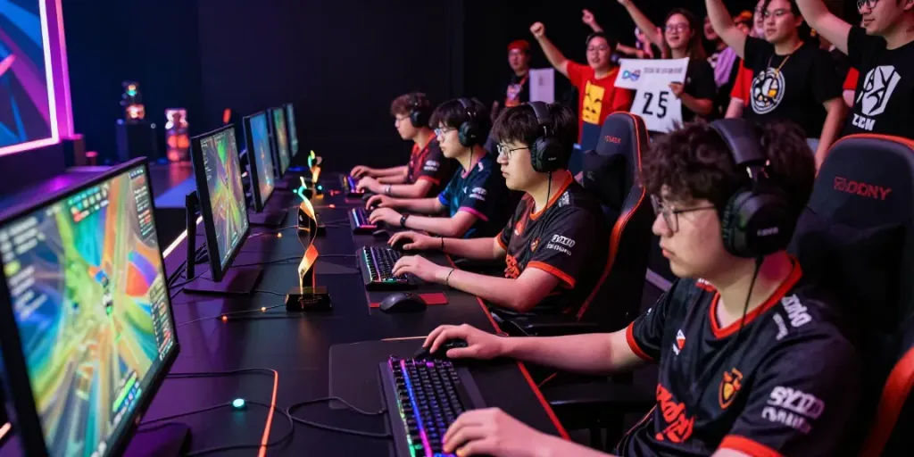 78win esports tournament scene with diverse players focused on vibrant screens in an energetic arena.