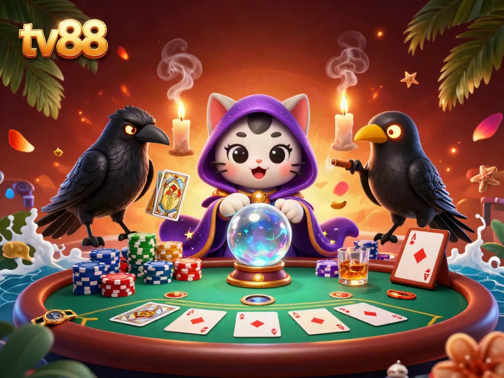 Experience thrilling gaming at tv88 with a mystical cat, raven, and vibrant poker elements.