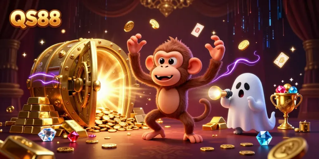 Experience the exciting world of QS88 with a ghost-hunter puppy tracking a mischievous monkey in a haunted casino.