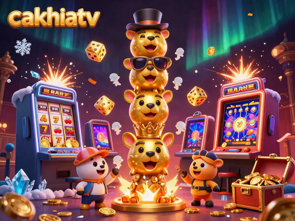 Experience thrilling jackpots with a colorful 3D display of cakhiatv's casino-themed elements.
