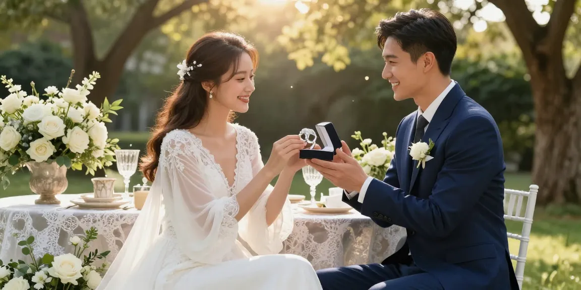 Stunning luxury wedding rings displayed during an outdoor ceremony with a joyful couple and floral arrangements.