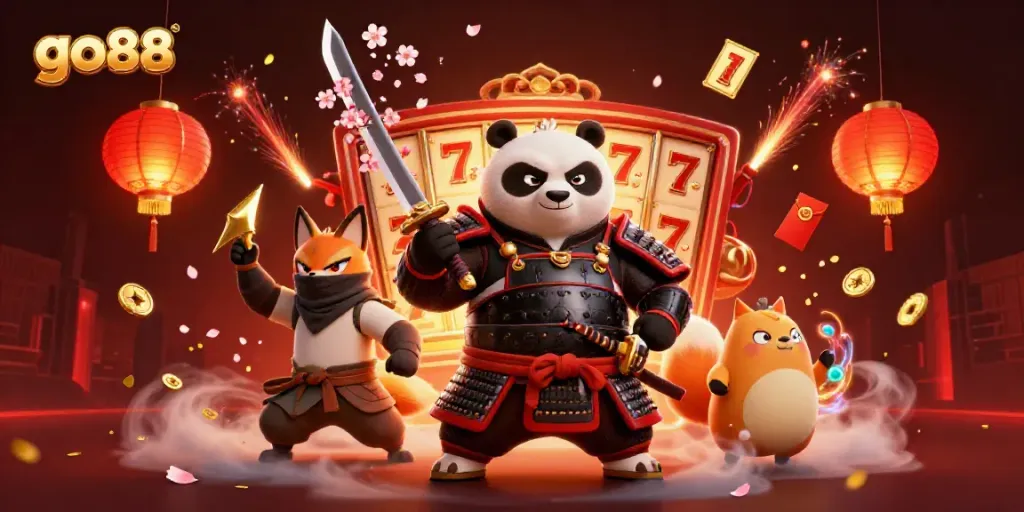 Witness the go88 samurai panda and ninja fox amid vibrant casino elements, encapsulating exhilarating gaming.