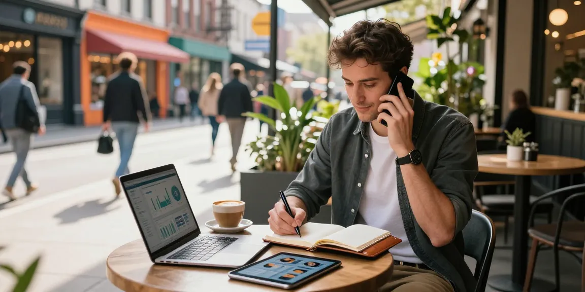 Youthful entrepreneur strategizing business decisions at a café, showcasing the concept of 123b.