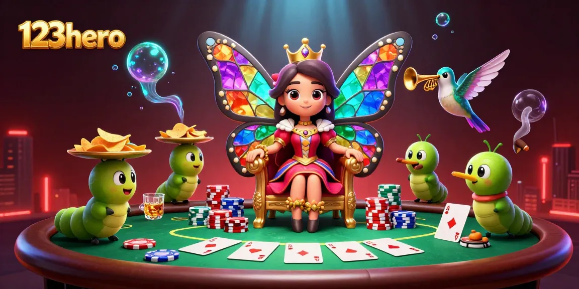 Experience the thrill of 123hero with a vibrant butterfly queen and poker elements in an engaging casino scene.