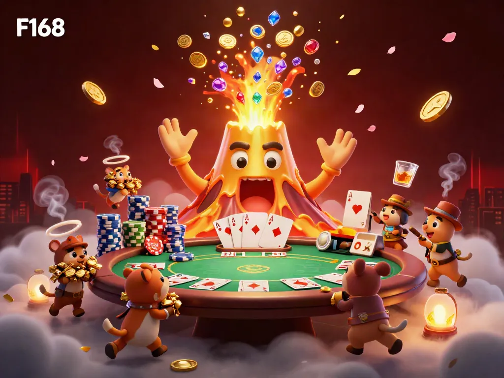 Experience excitement at F168 with a golden volcano erupting coins and treasure in a vibrant casino scene.