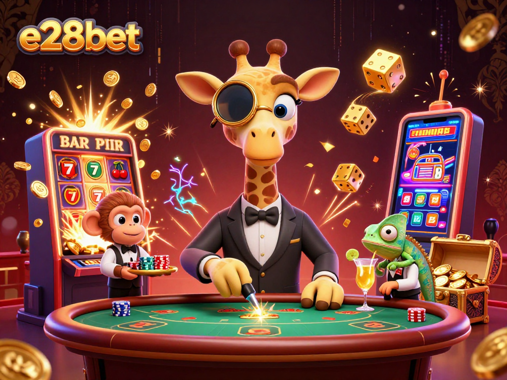 Win big with e28bet at an extravagant casino scene featuring a high-roller giraffe and dynamic elements.