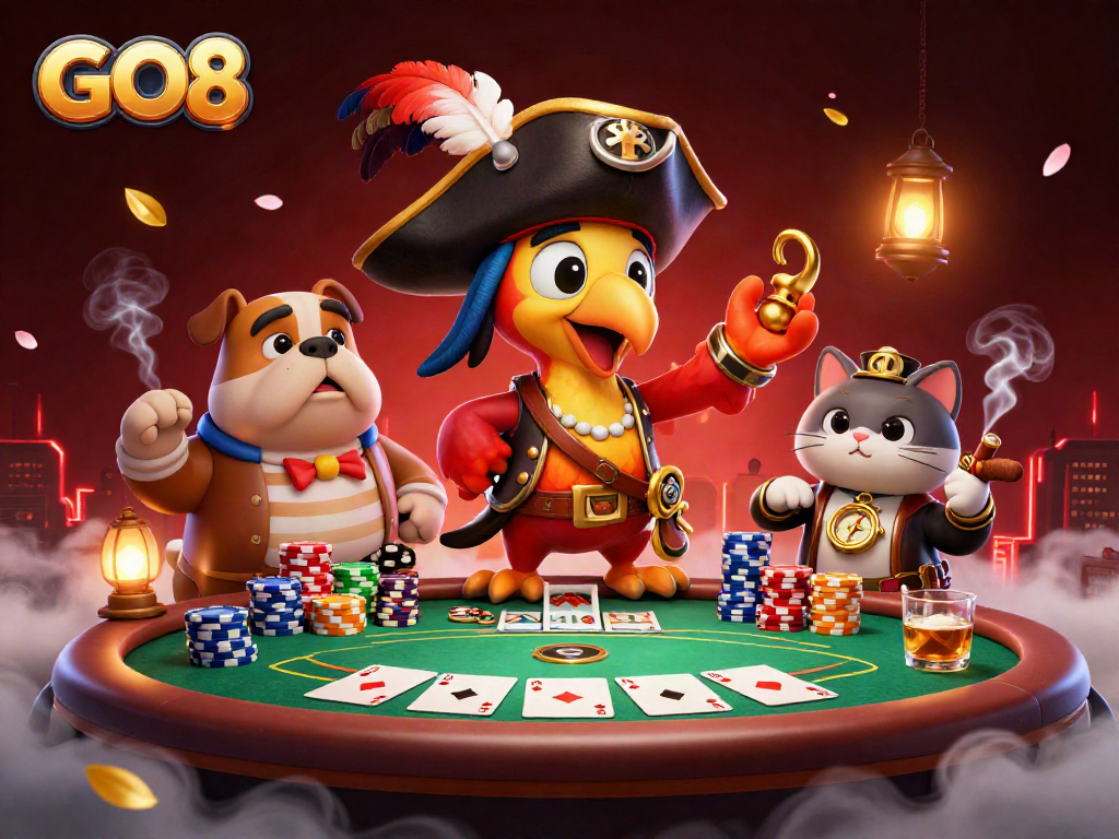 Engage with GO8 by exploring a lively casino scene led by colorful characters.