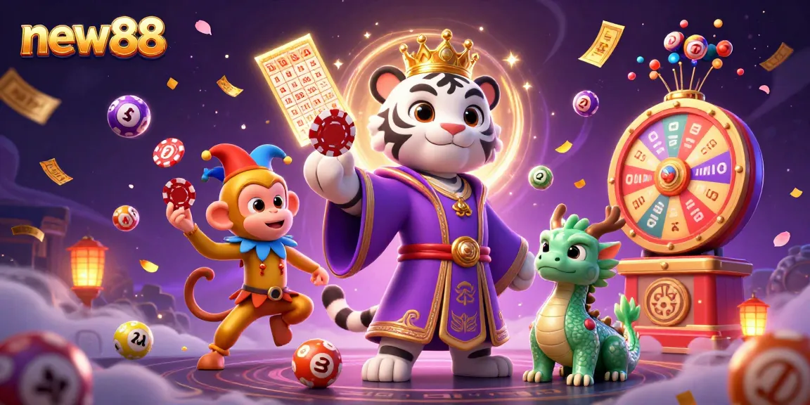 Experience the excitement of new88 with a lively 3D illustration featuring a regal tiger, jester monkey, and more!