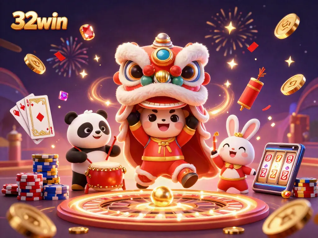 Experience the thrill of 32win with dynamic casino elements featuring a lively lion dance and festive characters.