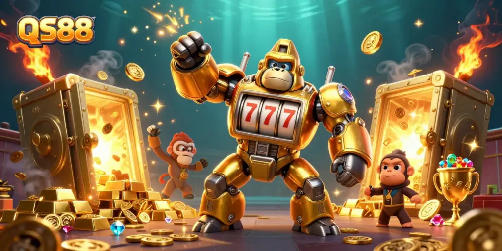 Engage with QS88's thrilling casino adventures featuring a golden gorilla mech amidst treasure