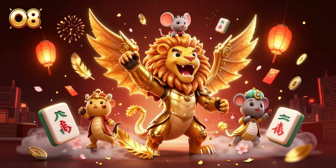 O8's golden chimera creature with mouse jockey celebrates vibrant casino gaming elements.