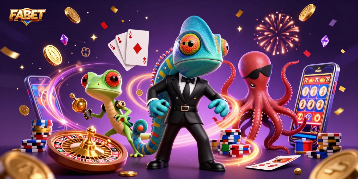 Engage in thrilling gameplay with FABET featuring colorful chameleon, gecko, and octopus in vibrant casino scene.