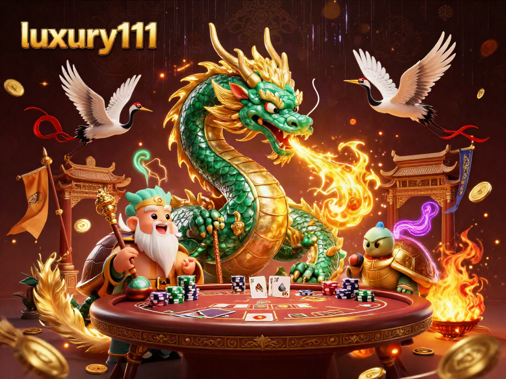 Engage in high-stakes poker with luxury111's vibrant 3D scene of mythical creatures and golden treasures.