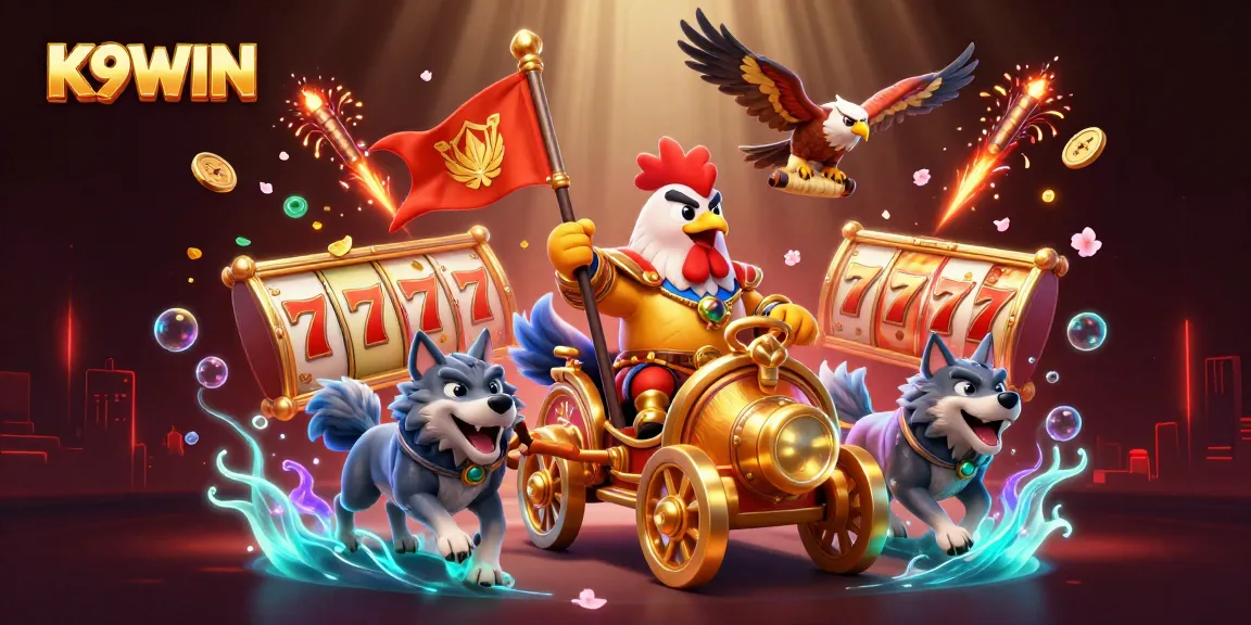 K9WIN captures excitement with a rooster warlord in a dynamic golden chariot amidst slot reels and festive elements.
