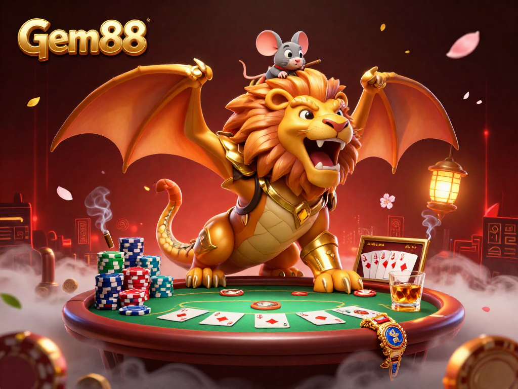 Experience thrilling poker action with Gem88's captivating 3D illustration featuring a roaring chimera and vibrant casino elements.