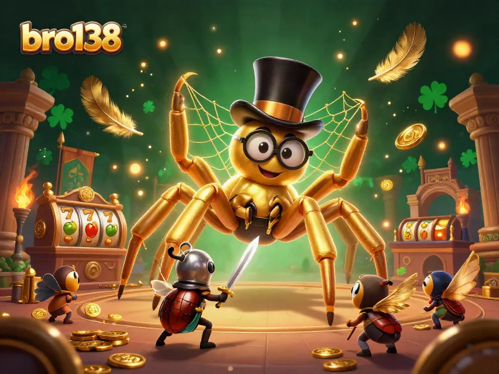 Join the thrilling adventure at bro138, with a golden tarantula and brave beetle knight in a vibrant casino scene.