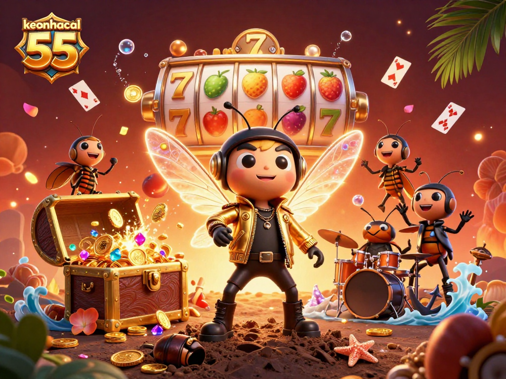 Experience keonhacai 55 with an electrifying scene featuring a cicada rock star and vibrant casino elements.