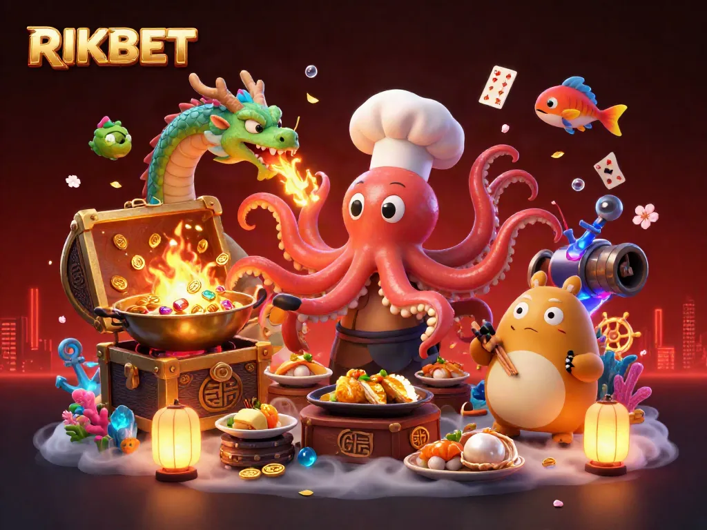 Experience the vibrant casino atmosphere at RIKBET with an octopus chef, dragon, and tanuki in a dynamic underwater scene.