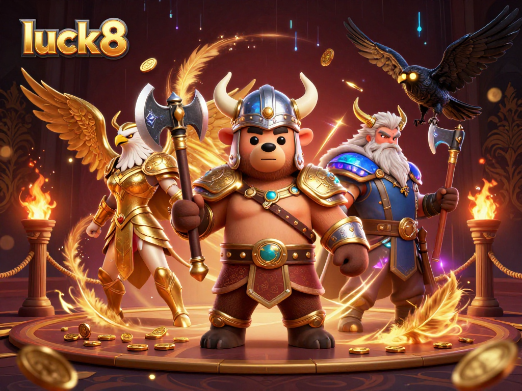 Experience the thrill of luck8 as Viking warriors battle with golden coins and Ember particles in a vibrant casino scene.