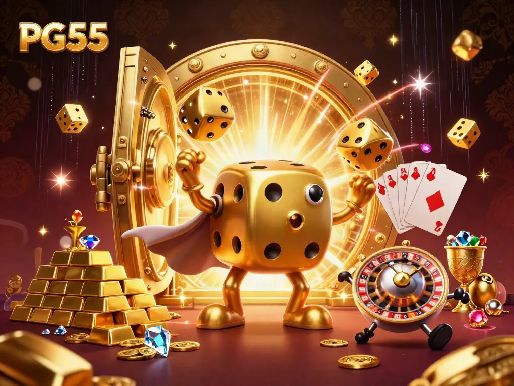 Engage in PG55's vibrant casino scene featuring a golden dice golem and jewels.