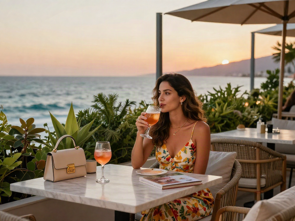 Antalya Escort enjoying a stylish day at a luxurious patio with ocean view.